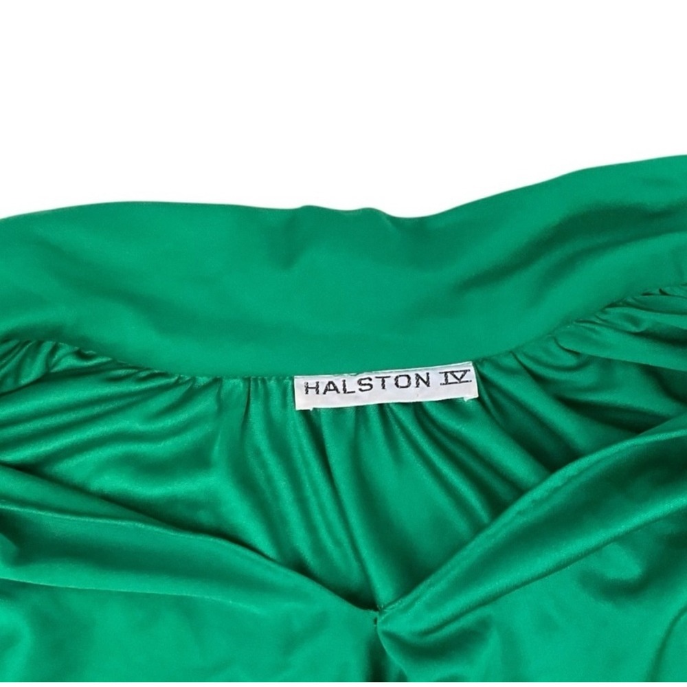 Halston IV Womens Kelly Green Tie Neck Kaftan Maxi Dress Short Sleeve Pockets - Picture 3 of 6